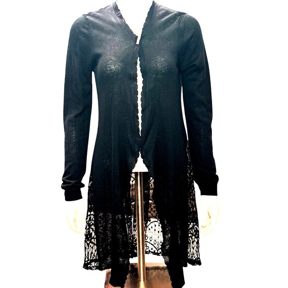 CCC Black Lace Trimmed Long Cardigan Sweater With Scalloped Front Edges Size Med - Picture 7 of 7